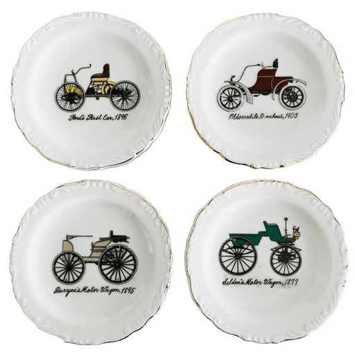 Vintage set petit four bordjes porselein onderzetters oldtimers decoratie 1960's