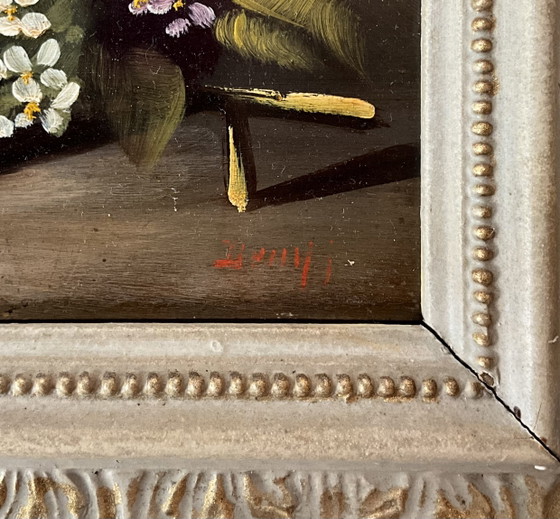 Image 1 of French Floral Oil Painting on Solid Wood Panel with Original Carved Frame, c. 1950