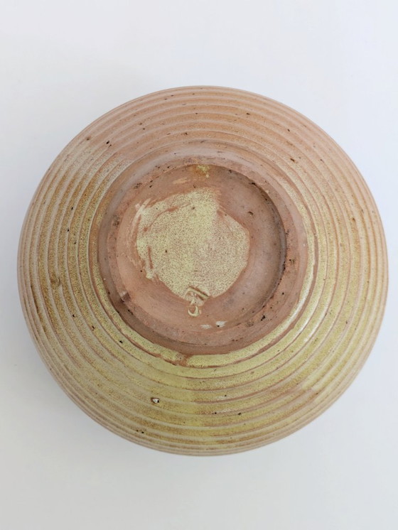 Image 1 of Vintage Studio Pottery Round Vase, Ribbed Golden Ochre Glaze, Artist Signed