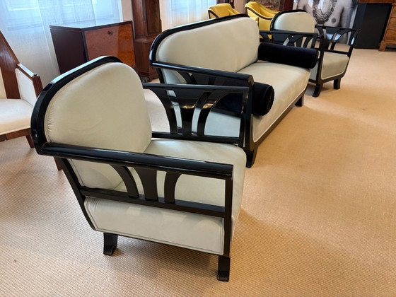 Image 1 of Elegante Wohnzimmergarnitur im Art-Deco-Stil – Sofa und zwei Sessel – dunkel lackiertes Holz – ca. 1925–1935