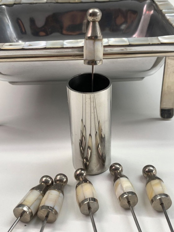 Image 1 of Art Deco Style Silver-Plated and Mother-of-Pearl Tiered Hors d'Oeuvres Serving Caddy with Matching Cocktail Picks