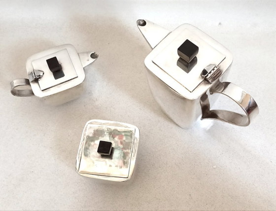 Image 1 of Servizio da tè Art Déco in tre pezzi, in argento e palissandro.