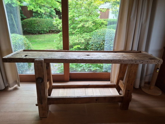Mooie Gerestaureerde Antieke Werkbank – Consoles, Metal, Wood (photo 5 of 10)