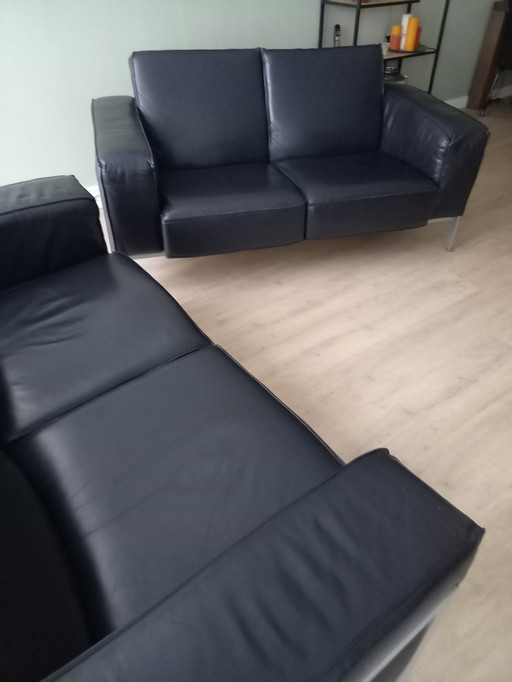 2X Harvink Schwarzes Ledersofa