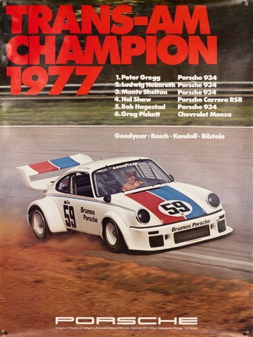 Porsche Trans-Am Champion 1977 – Póster original vintage de Porsche de Werbeagentur Strenger – Vintage Motorsport – 102 x 76 cm