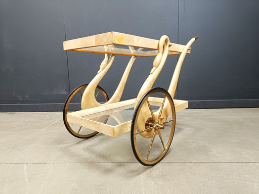 Italian Lacquered Goatskin swan Bar Cart by Aldo Tura, 1960s