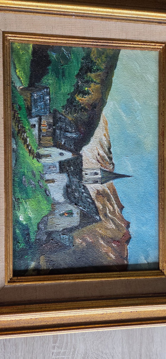 Dipinto a olio Paesaggio con chiesa – Dipinti e disegni, Textile, Wood (photo 2 of 5)