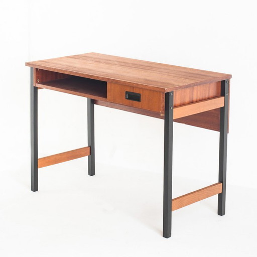 Escritorio antiguo de un cajón. Chapa de caoba y madera maciza de haya. Francia, década de 1960. – bureau, Wood
