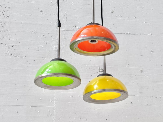Image 1 of Space-age pendant lamp with three colored metal shades, 1970s
