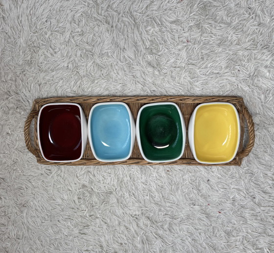 Image 1 of Service apéritif céramique et osier années 60