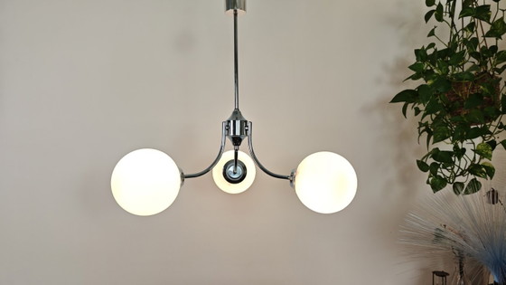 Image 1 of Vintage 3-Light Opal Glass Ceiling Lamp / Mid Century Modern Chandelier / Space Age Sputnik Light | Chrome Pendant