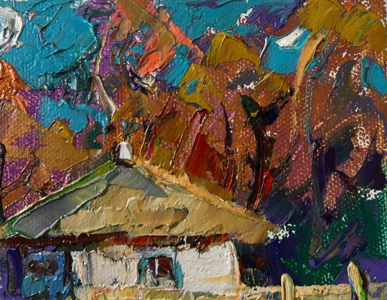 Image 1 of Original Oil Painting Colorful Village Landscape First morning of spring