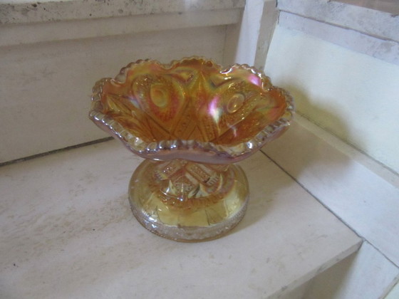 Carnival Cuenco de cristal iridiscente con borde ondulado, Vidrio, Naranja, Vintage (foto 8 de 10)