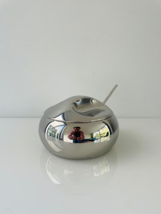 Vintage space age stainless steel sugar bowl with spoon – Tramontina design