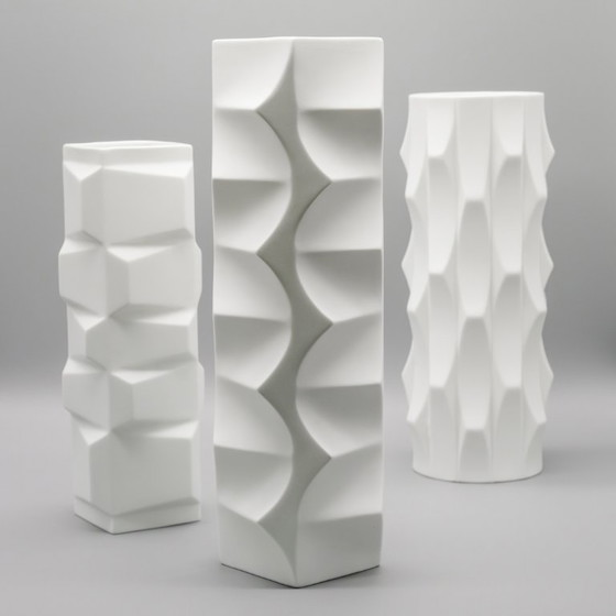 Image 1 of HUTSCHENREUTHER Biskuitporzellan ARCHAIS Vase TRIO Heinrich FUCHS Op Art Retro