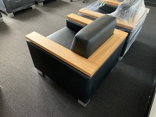 Set of 5 Alter Modus Vivendi armchairs in black leather, zebrano wood, and stainless steel legs