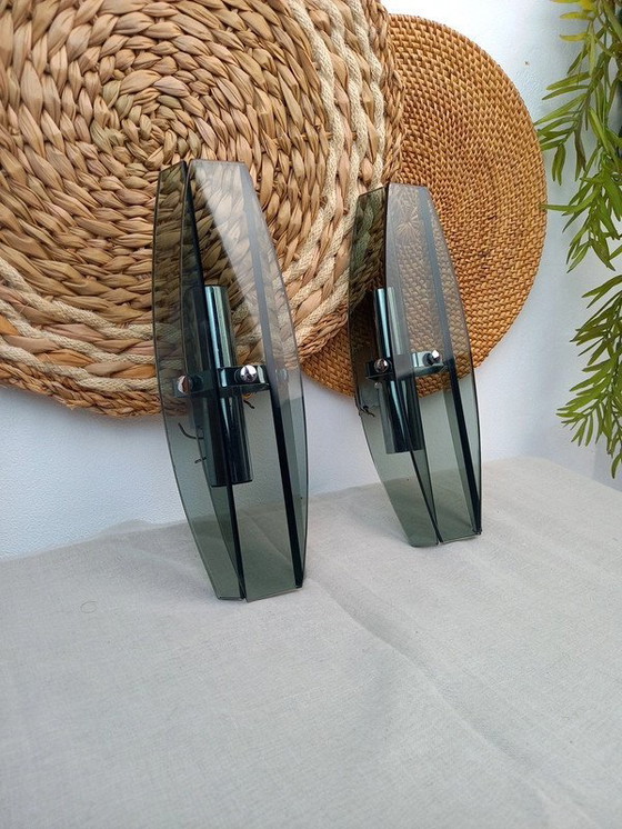 Image 1 of Paar VECA Italiaanse wandlampen voor Fontana Arte - verchroomd staal en kristalglas - jaren '60