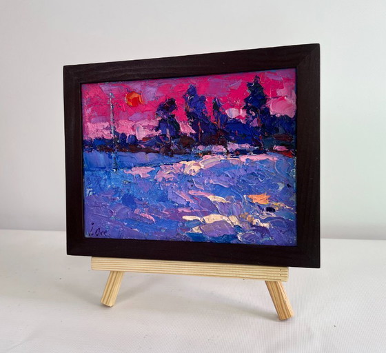 Image 1 of Original Oil Painting Evening Field Landscape Frosty winter evening