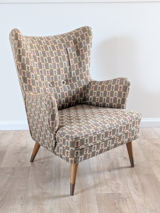 Vintage 1950s Belgian Wingback Armchair – Original Graphic Upholstery & Compass Legs – Brass, Wood (photo 7 of 12)