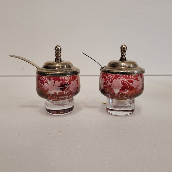 Image 1 of Convoy / Oil, vinegar, salt and pepper set, Bohemian crystal, silver-plated metal, 1940s – Czech Republic