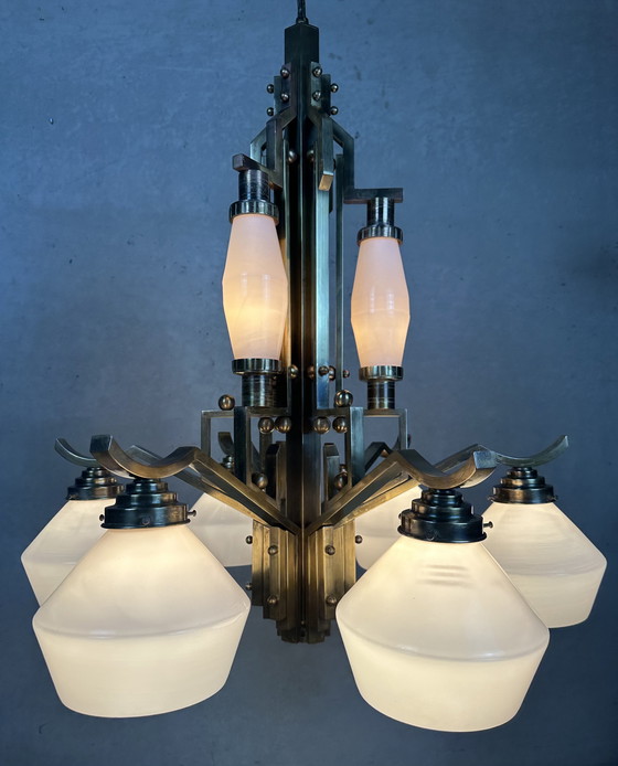Image 1 of Art Deco chandelier - opaline and brass