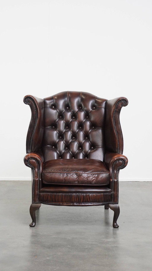 Chesterfield Ohrensessel aus braunem Rindsleder