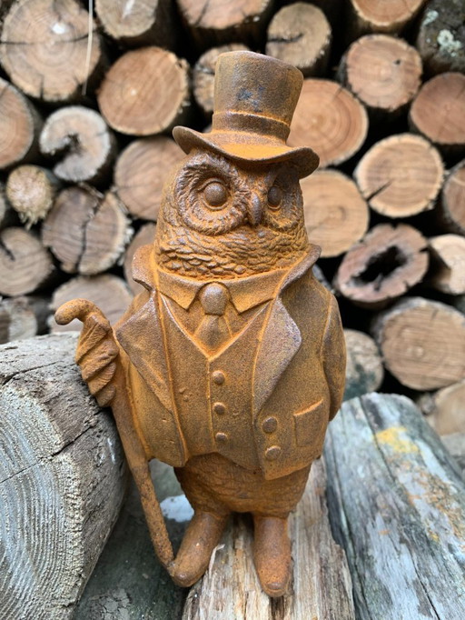 Owl in Costume with Walking Stick and Hat Statue Made of Cast Iron