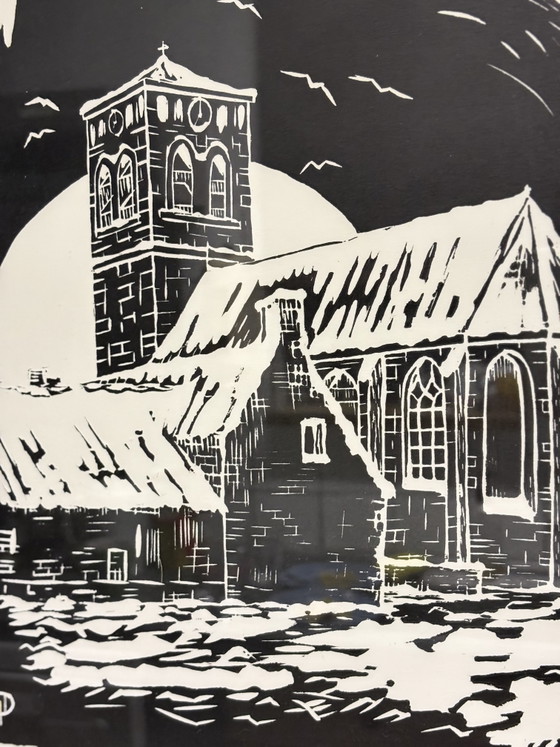 Image 1 of Signierter Holzschnitt/Linolschnitt von Armand Dumoulin – „Winterliche Kirchenszene“ (1987)

