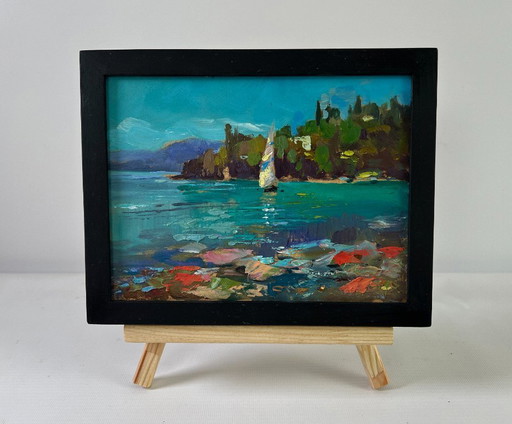 Original Oil Painting Summer Coastal Landscape Sailboat at Sea