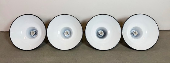 Image 1 of Set of 4 Industrial Black Enamel Factory Lamps with Cast Iron Top, 1950s