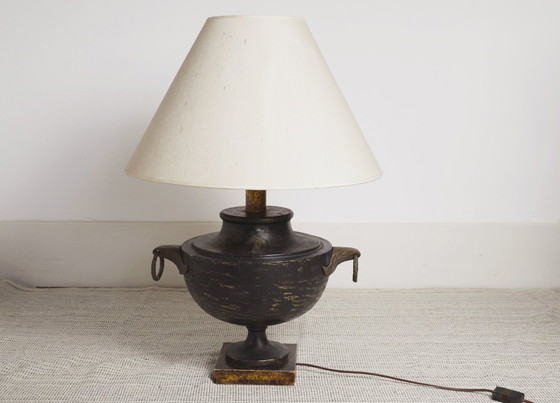Image 1 of  Italian Neoclassical Amphora Table Lamp Black Patina Urn Base with Brass Handles Vintage Classical Lighting 