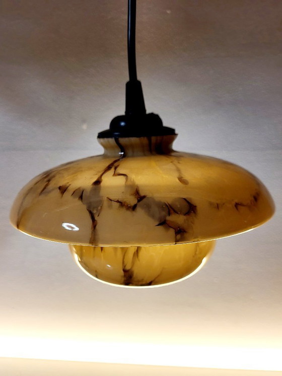 Image 1 of Uran- oder annagrüne Glaspendelleuchte, seltenes Modell, Scailmont, Art déco