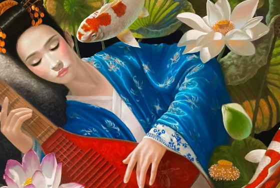 Original Oil Painting Surrealism Japanese Motif Thoughts for a Girl – Paintings & Drawings, Canvas (photo 6 of 8)