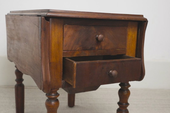 Antique French Pembroke Drop Leaf Table, Walnut Veneer Extendable End Table With Drawers, French Provincial (photo 29 of 41)