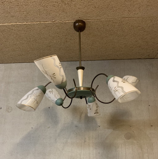 Vintage kroonluchter jaren vijftig ook wel Spider hanglamp genoemd.
