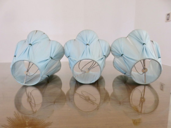 Image 1 of Set of 3 lampshades made of pale blue plastic strips. 1950