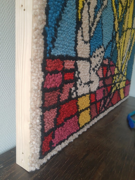 Image 1 of Wunderschönes, großes Retro-Textilkunstwerk aus Wolle aus Smyrna mit dem Titel „Verkündigung“.