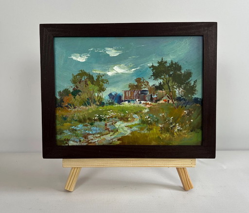 Origineel olieverfschilderij: Landschap met zomerhuisje - Rust op het platteland in de zomer