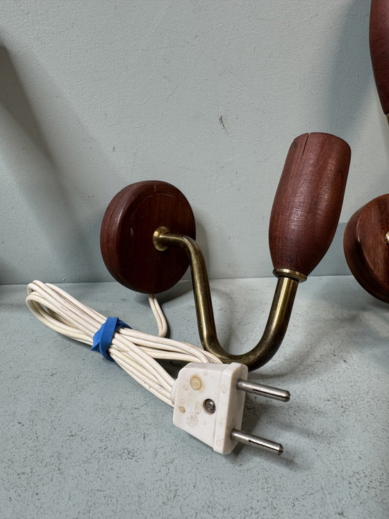 Set of 3 Vintage Mid Century Danish Design Wooden Wall lights – Brass (photo 4 of 11)