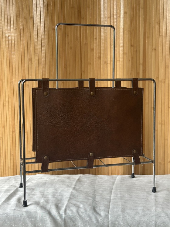 Image 1 of Vintage magazine rack chrome & leather