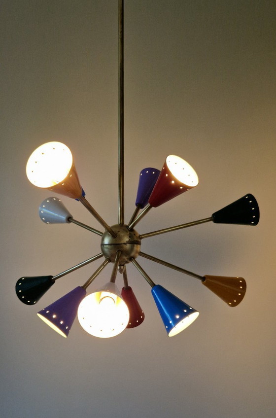 Image 1 of Vintage Stilnovo Sputnik chandelier, Italian mid-century style, brass
