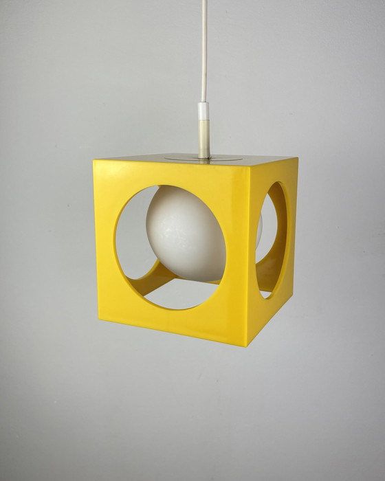 Image 1 of Space Age Ceiling Lamp, Richard Essig, Yellow Minimalistic Cube Design, 1970s, Retro-Futuristic Lamp, Germany, Sputnik Design