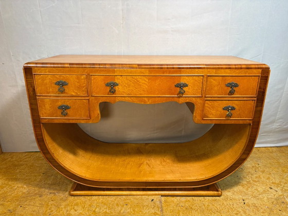 Image 1 of Art Deco Antique Vintage Console Table in Bird’s Eye Maple 1920-1930  Sweeping U-Shaped Base • Brass Details • Elegant Statement