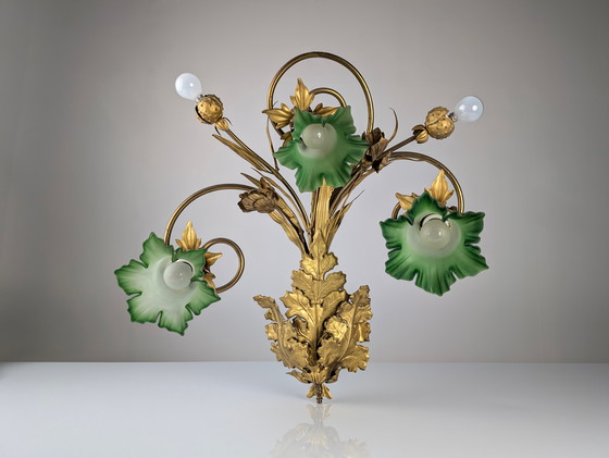 Image 1 of Jugendstil-Wandleuchter aus Kastanienblättern und grünem Glas, 1900er Jahre