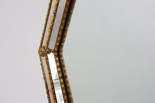 Venetian style octagonal mirror marked MGB, Planilux, Cristanola, Spain
