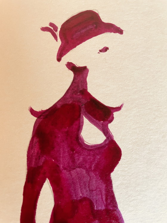 Image 1 of Tableau Signé Encre Gravure Mode Portrait Féminin " Paarse jurk " (gesigneerd)