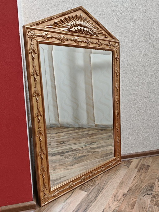 Mirror rectangular top with triangle with wooden frame, gold from estate