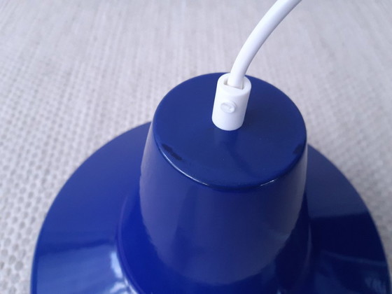 Image 1 of Louis Poulsen dark blue enamel pendant lamp, minimalist industrial Danish pendant lamp, mid-century modern dining table lamp