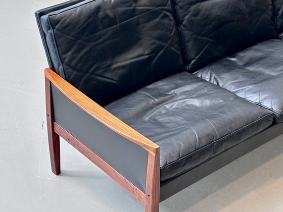 Image 1 of Canapé de style mid-century en palissandre et cuir de vachette noir, signé Hans Olsen pour Vatne Møbler, 1960
