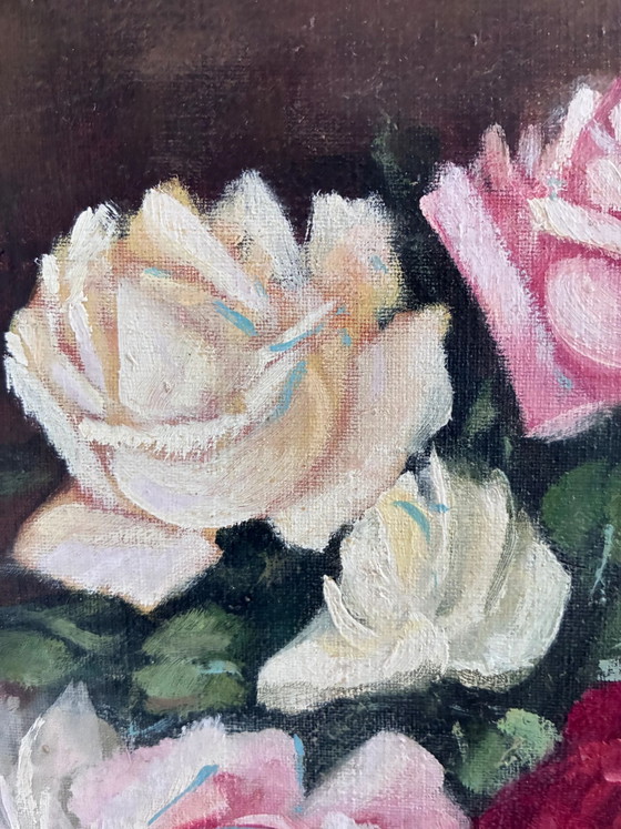 Image 1 of Peinture à l'huile originale vintage représentant des roses, signée.